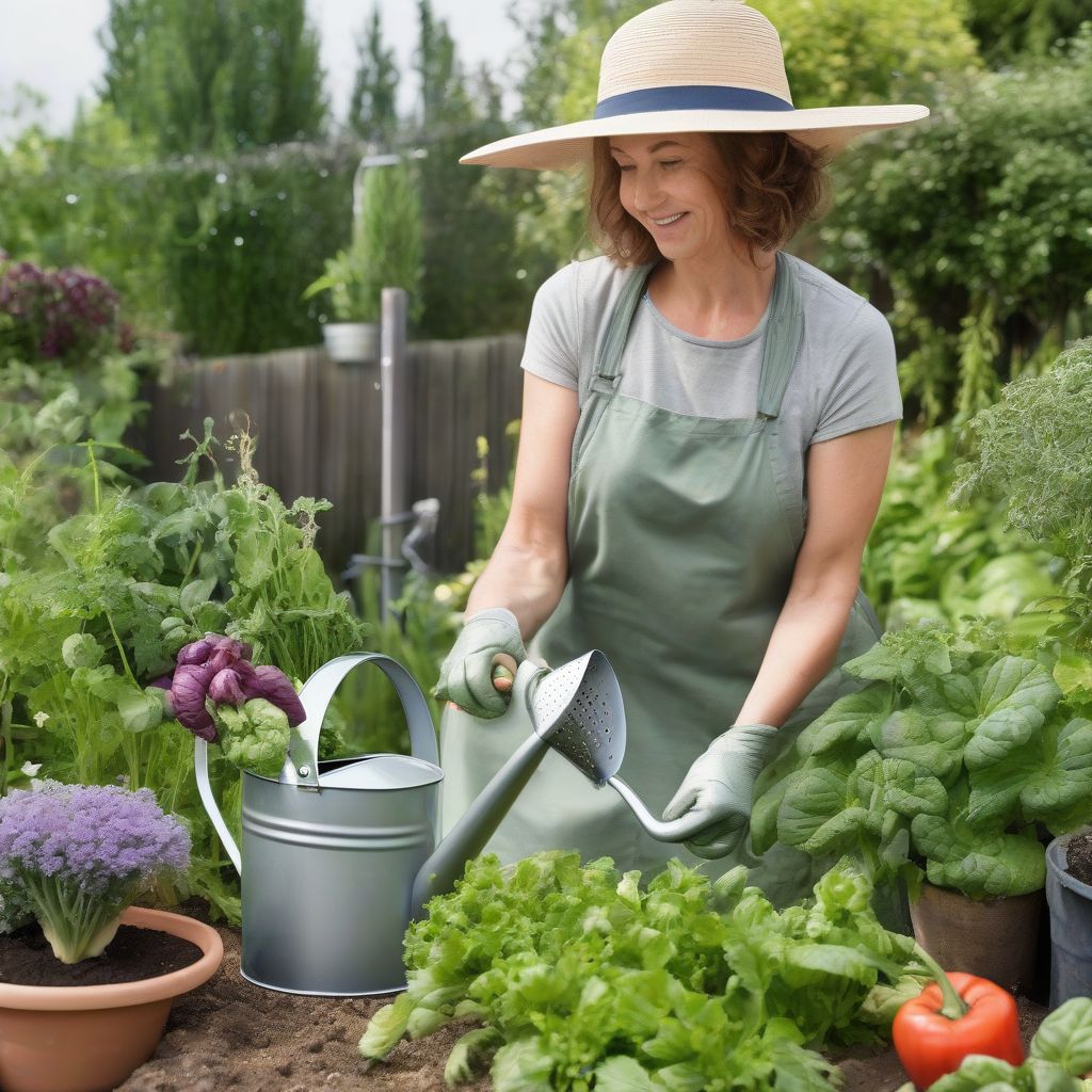 Woman Watering Her Garden with Watering Can